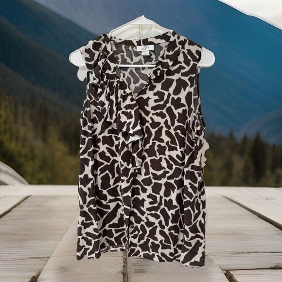 Loft Brown Giraffe Print Ruffle Dressy Tank- size M - Picture 1 of 3